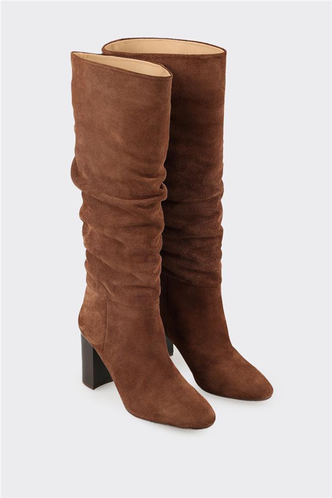 Kahve Deri Kadın Topuklu Çizme