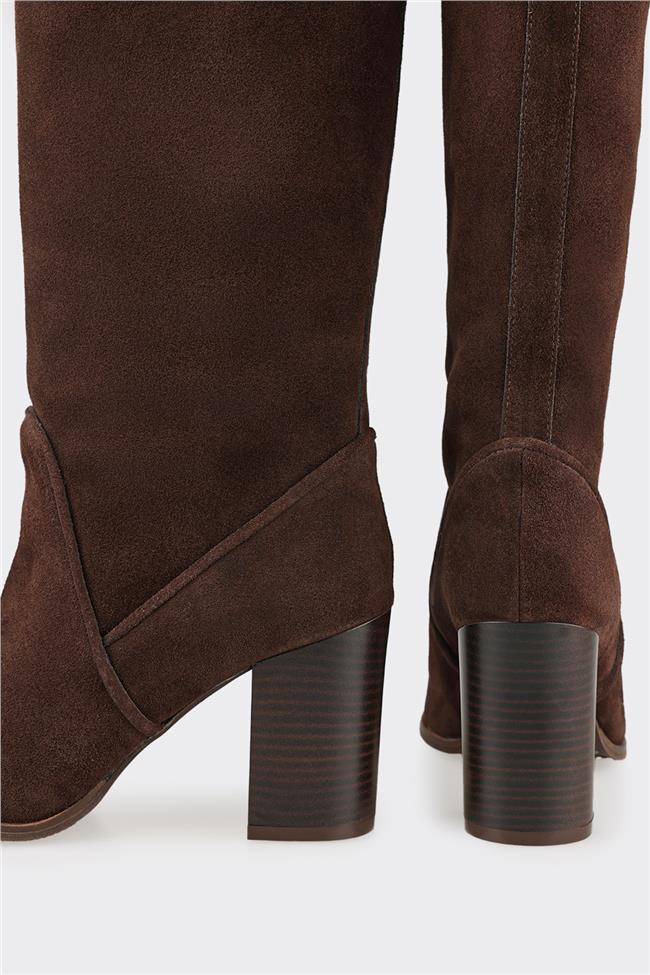 Kahve Deri Kadın Topuklu Çizme