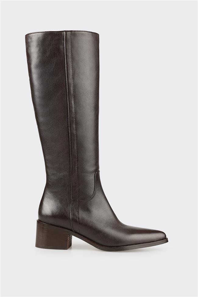 Kahve Deri Kadın Topuklu Çizme