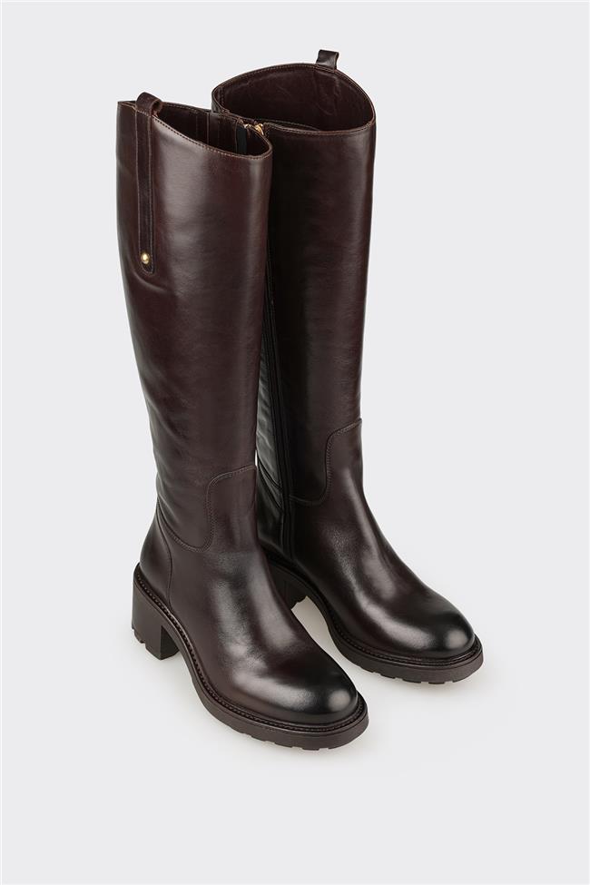 Kahve Deri Kadın Topuklu Çizme