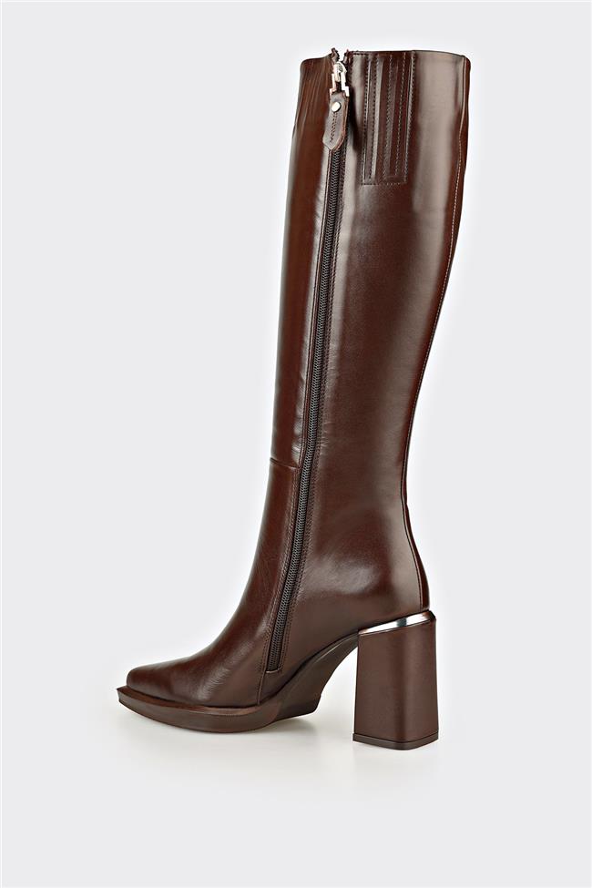 Kahve Deri Kadın Topuklu Çizme