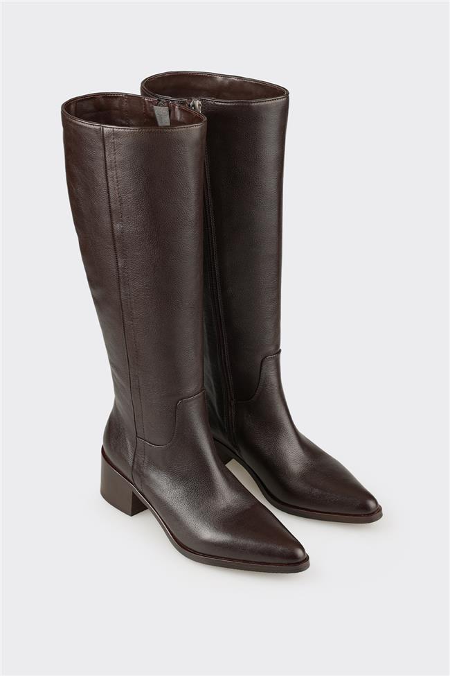 Kahve Deri Kadın Topuklu Çizme