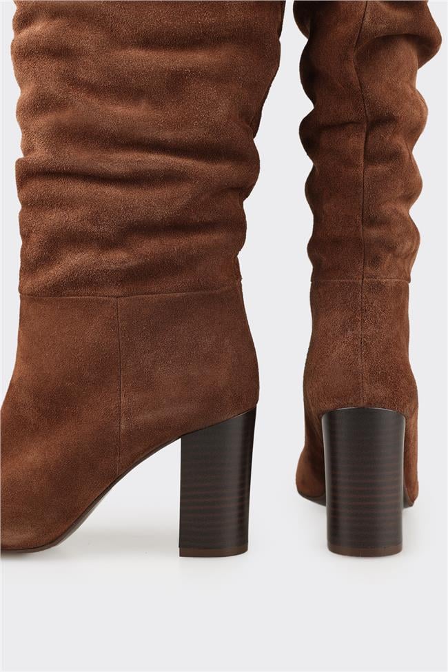 Kahve Deri Kadın Topuklu Çizme