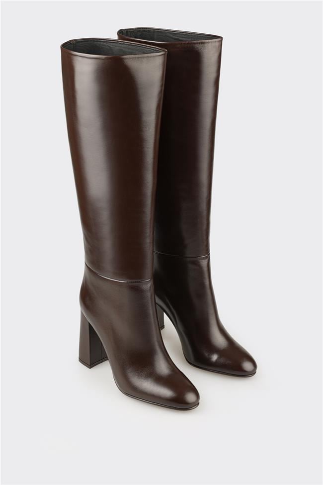Kahve Deri Kadın Topuklu Çizme