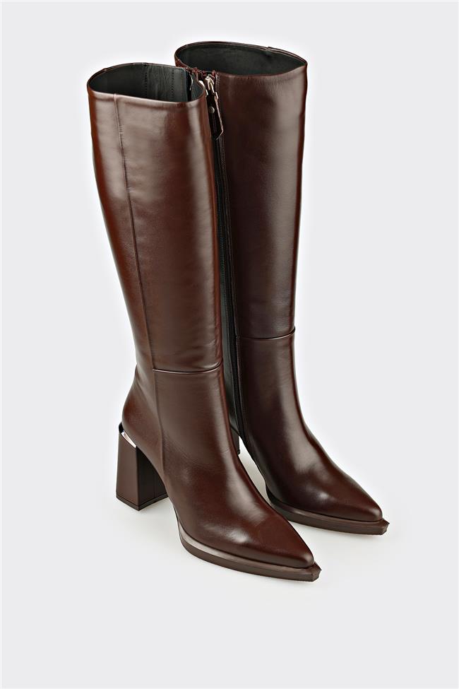 Kahve Deri Kadın Topuklu Çizme