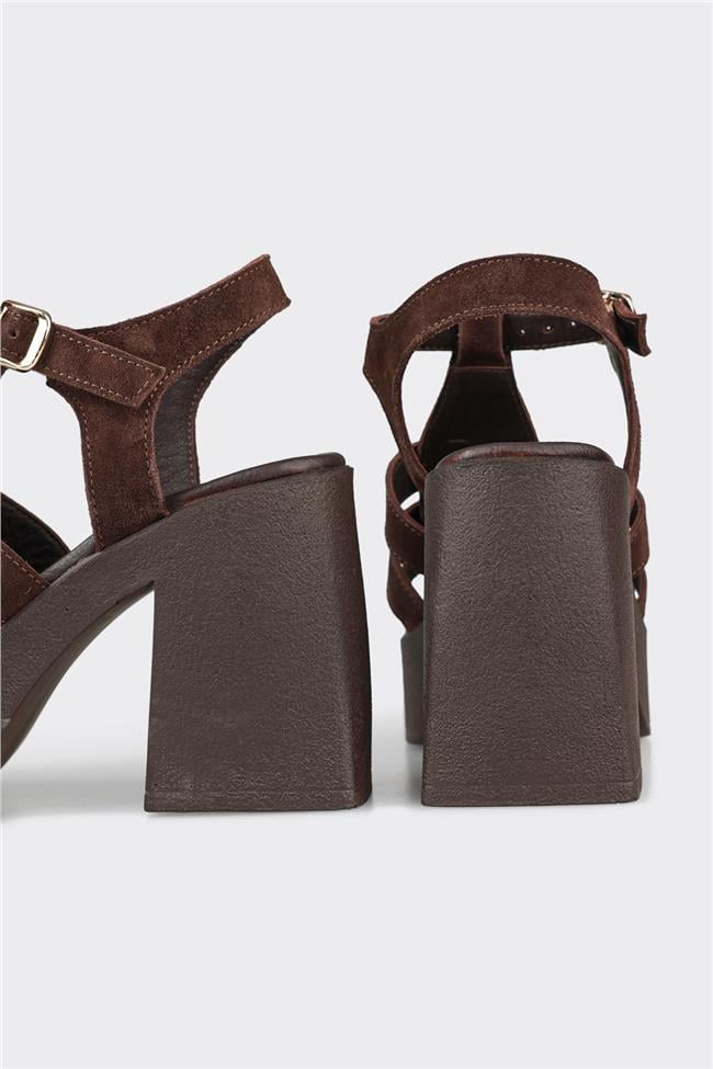 Kahve Deri Kadın Topuklu Sandalet