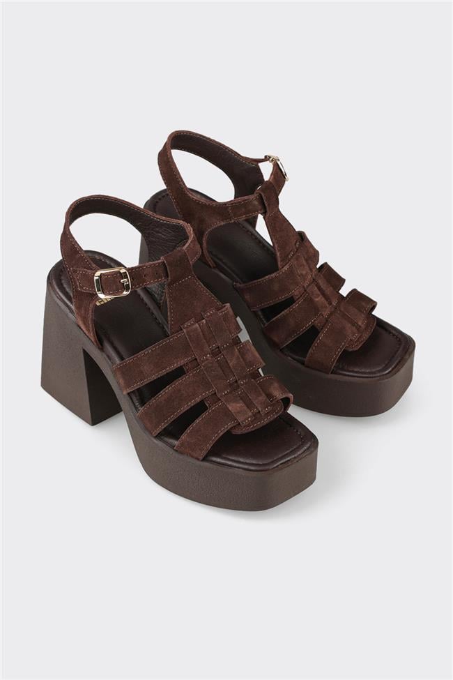 Kahve Deri Kadın Topuklu Sandalet