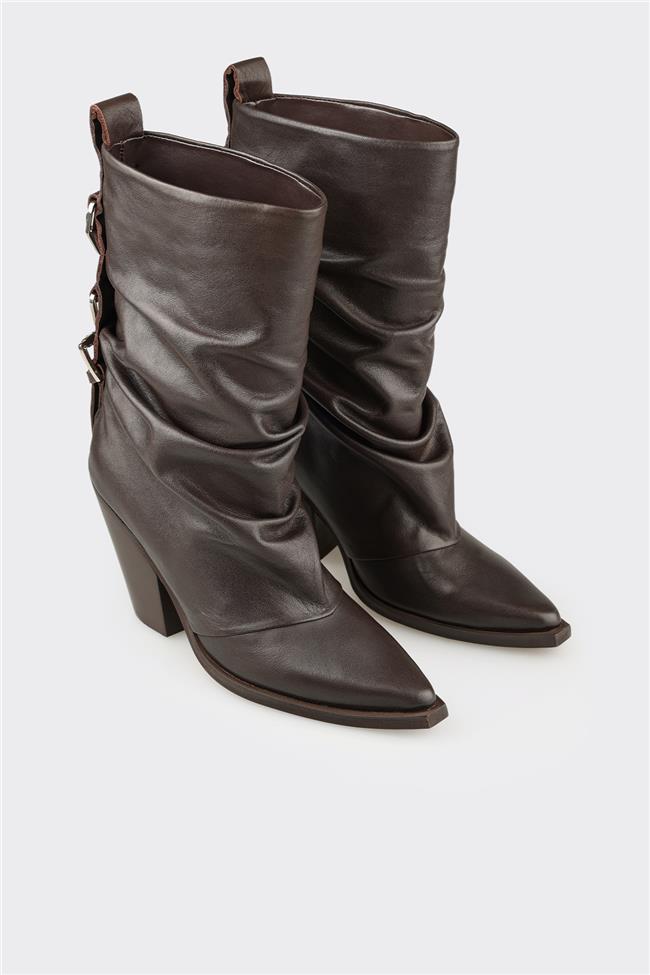 Kahve Deri Kadın Western Bot