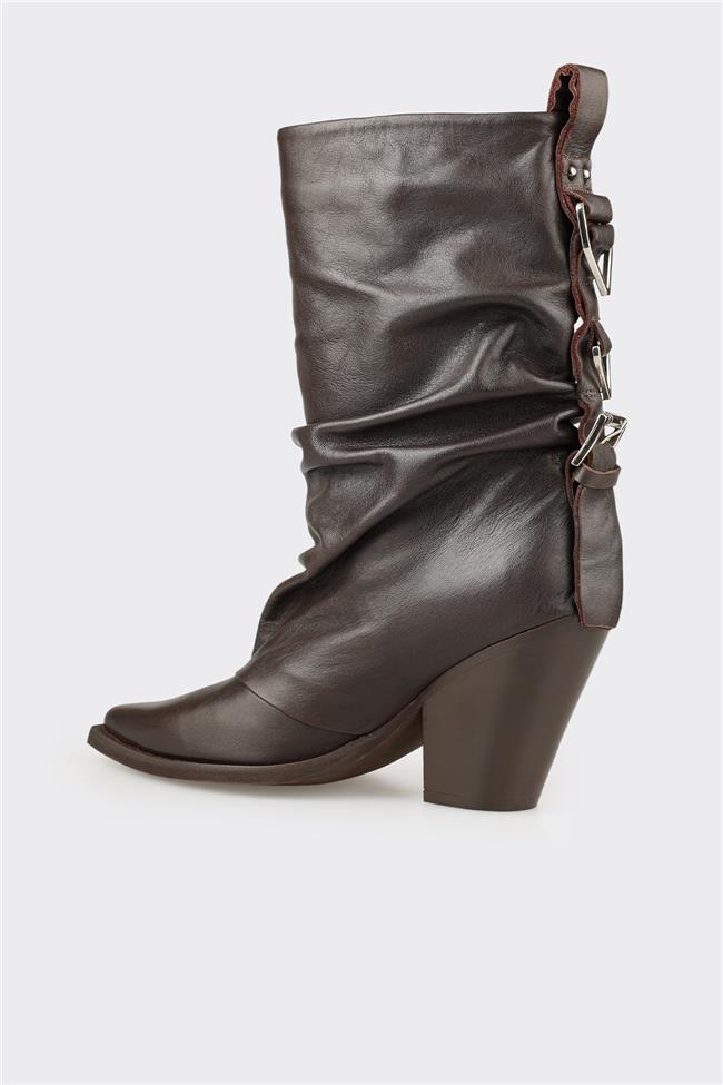 Kahve Deri Kadın Western Bot