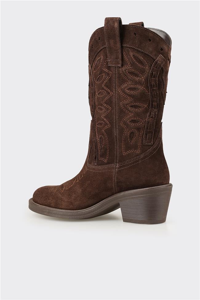 Kahve Deri Kadın Western Bot