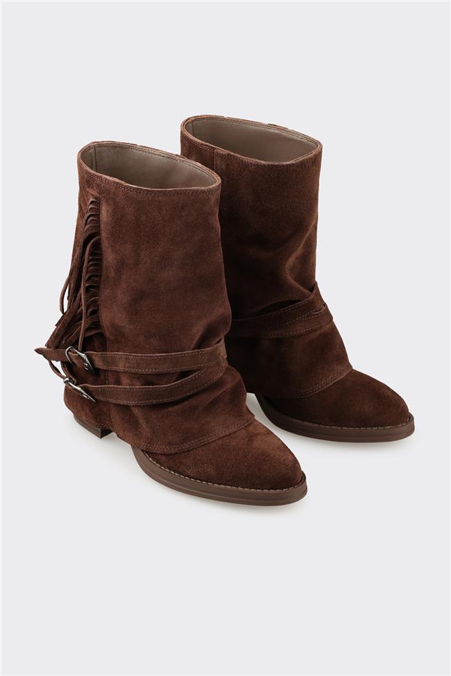 Kahve Deri Kadın Western Bot