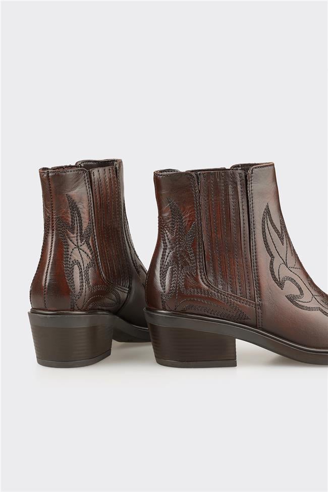 Kahve Deri Kadın Western Bot