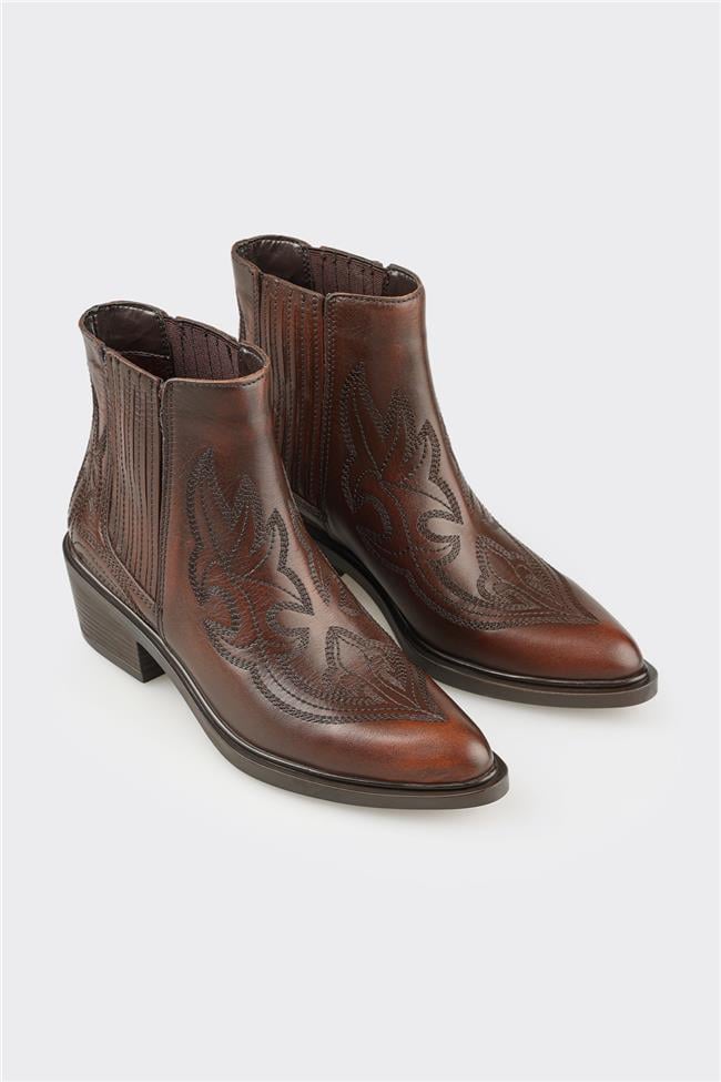 Kahve Deri Kadın Western Bot