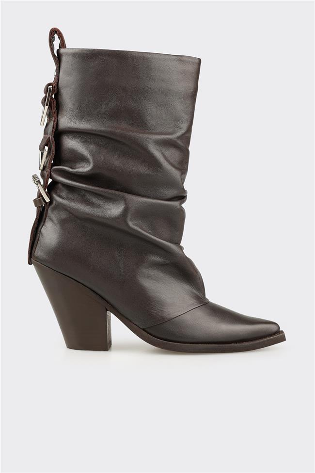 Kahve Deri Kadın Western Bot