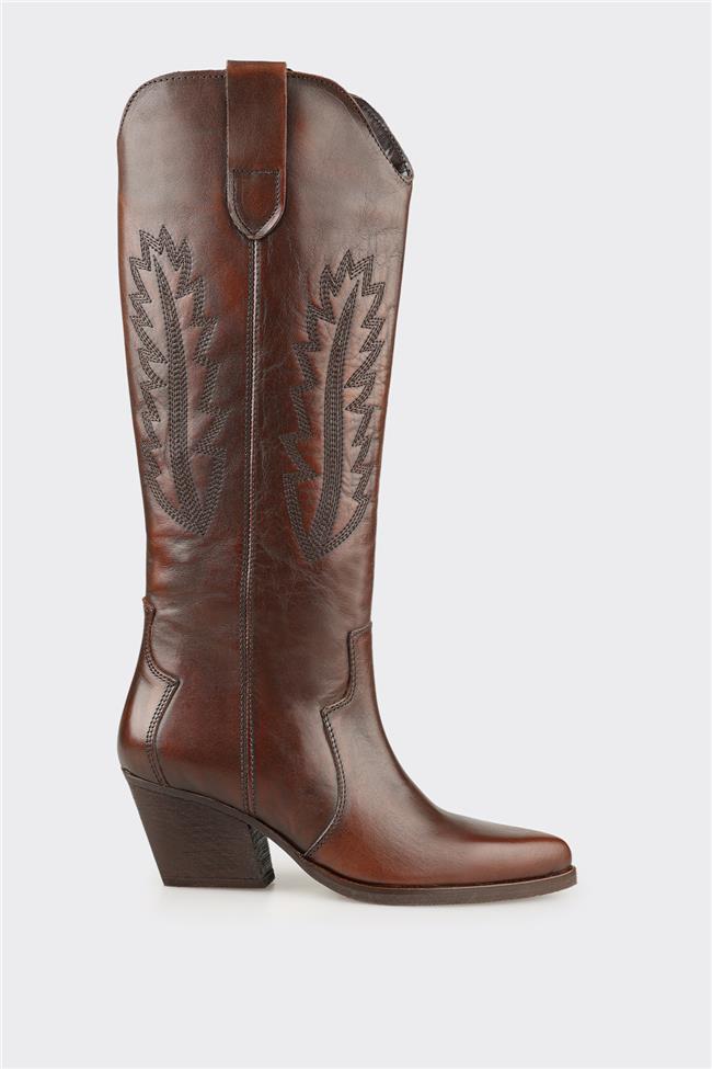 Kahve Deri Kadın Western Çizme