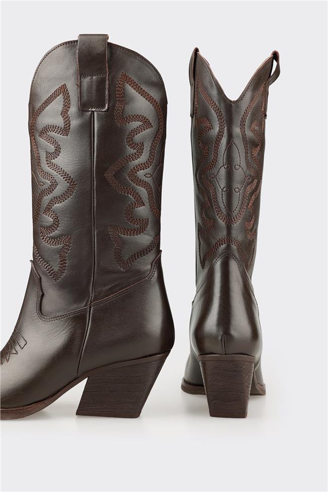 Kahve Deri Kadın Western Çizme