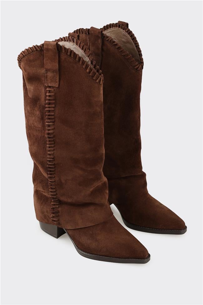 Kahve Deri Kadın Western Çizme