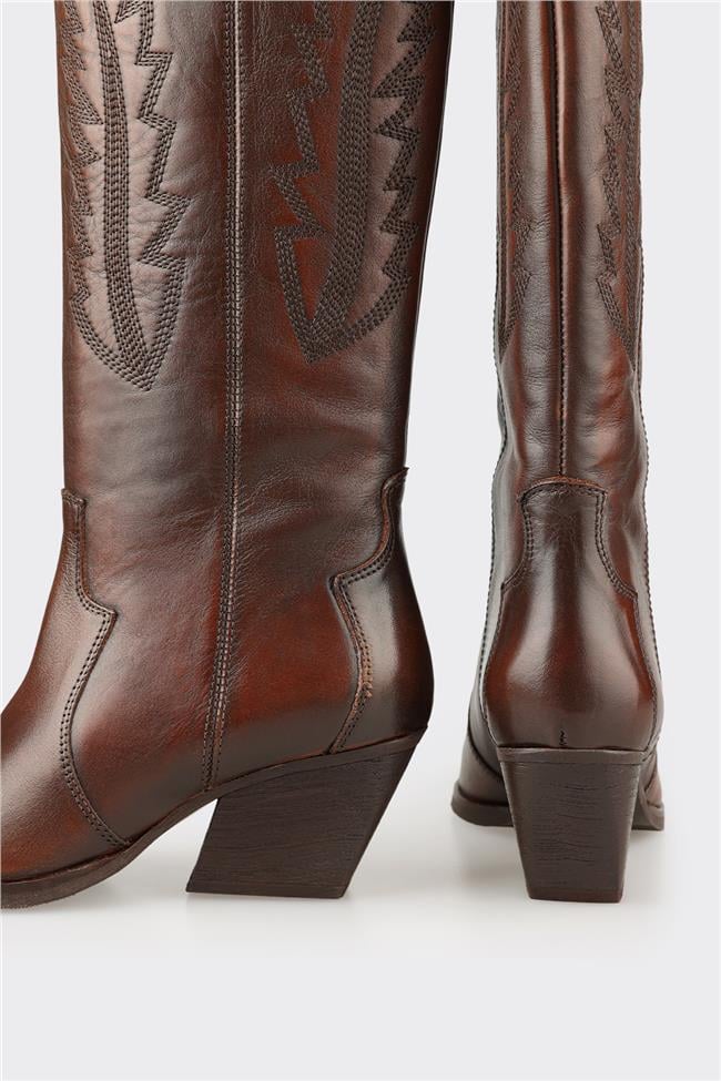 Kahve Deri Kadın Western Çizme