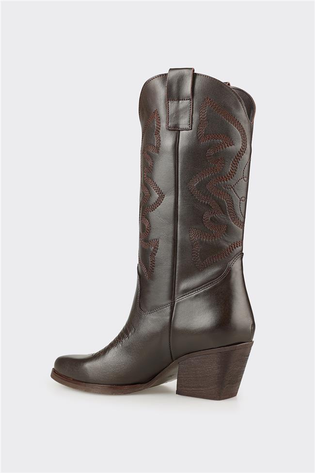 Kahve Deri Kadın Western Çizme