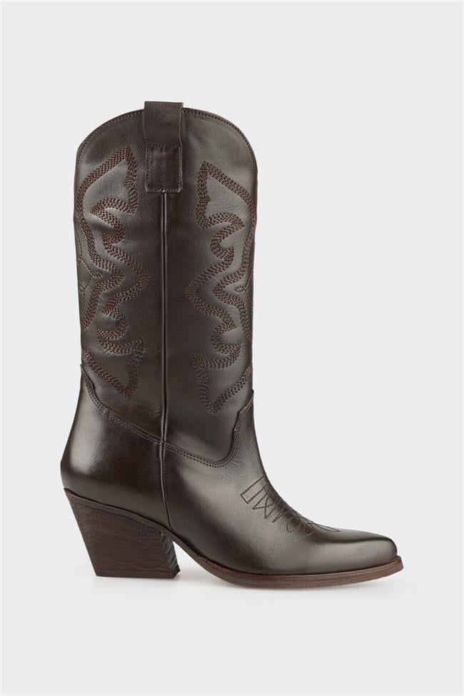 Kahve Deri Kadın Western Çizme