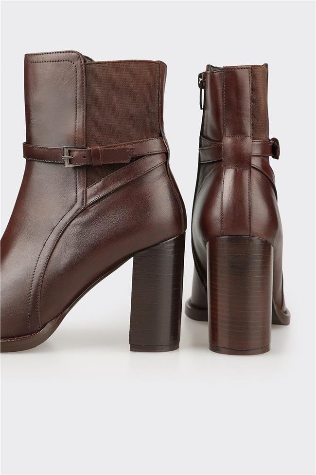 Kahve Deri Kadın Yüksek Topuk Bot