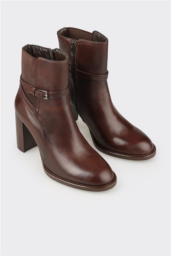 Kahve Deri Kadın Yüksek Topuk Bot