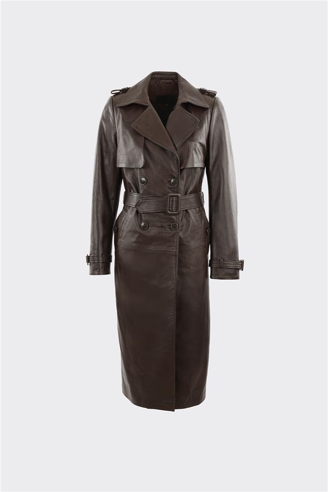 Kahve Kadın Deri Trençkot