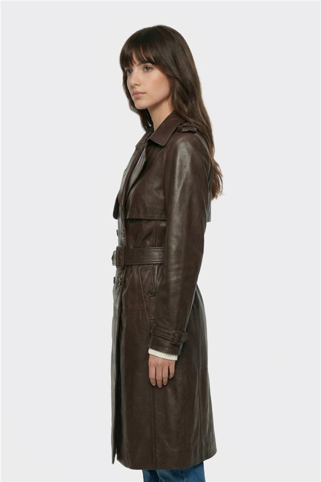Kahve Kadın Deri Trençkot