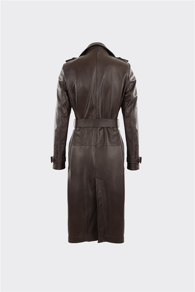 Kahve Kadın Deri Trençkot