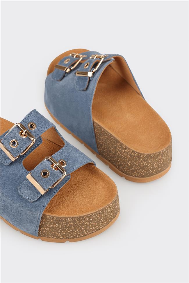 Lacivert Deri Kadın Terlik