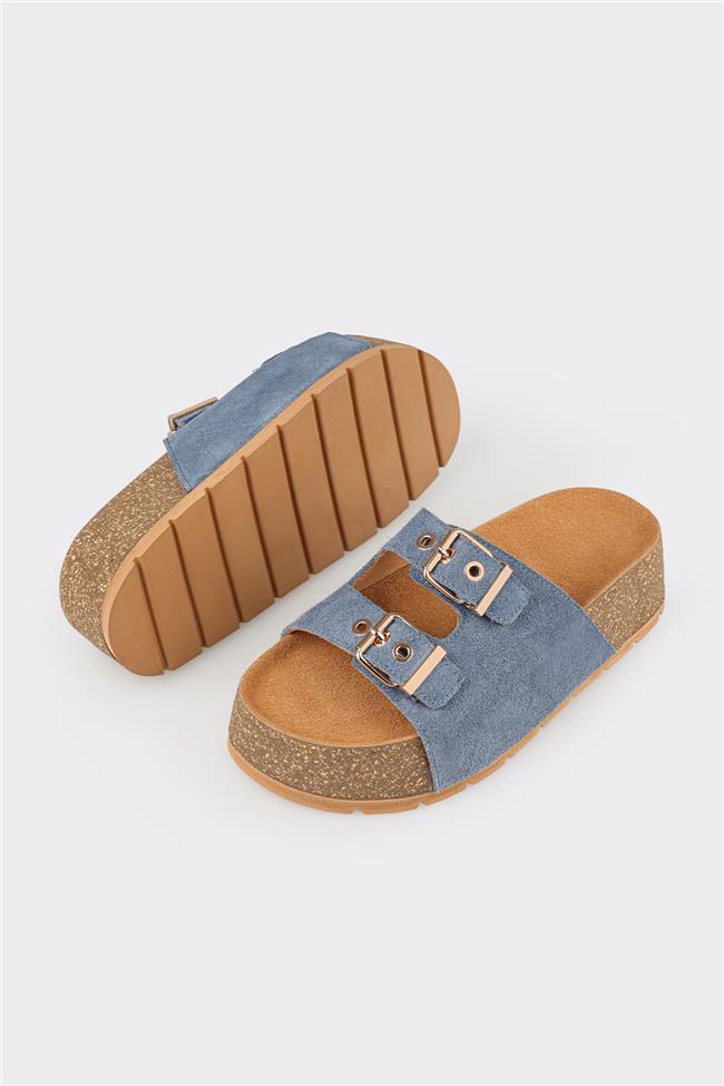 Lacivert Deri Kadın Terlik