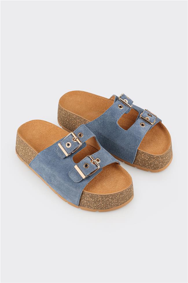 Lacivert Deri Kadın Terlik