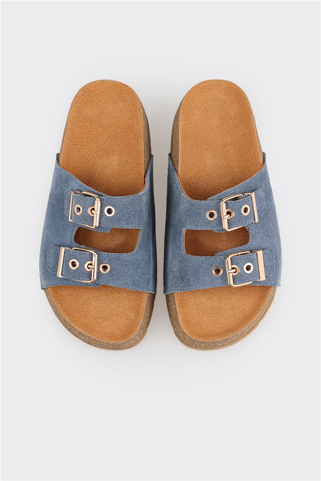 Lacivert Deri Kadın Terlik