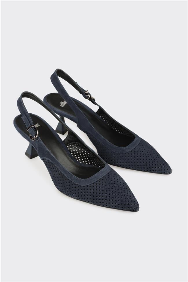 Lacivert Deri Kadın Topuklu Ayakkabı