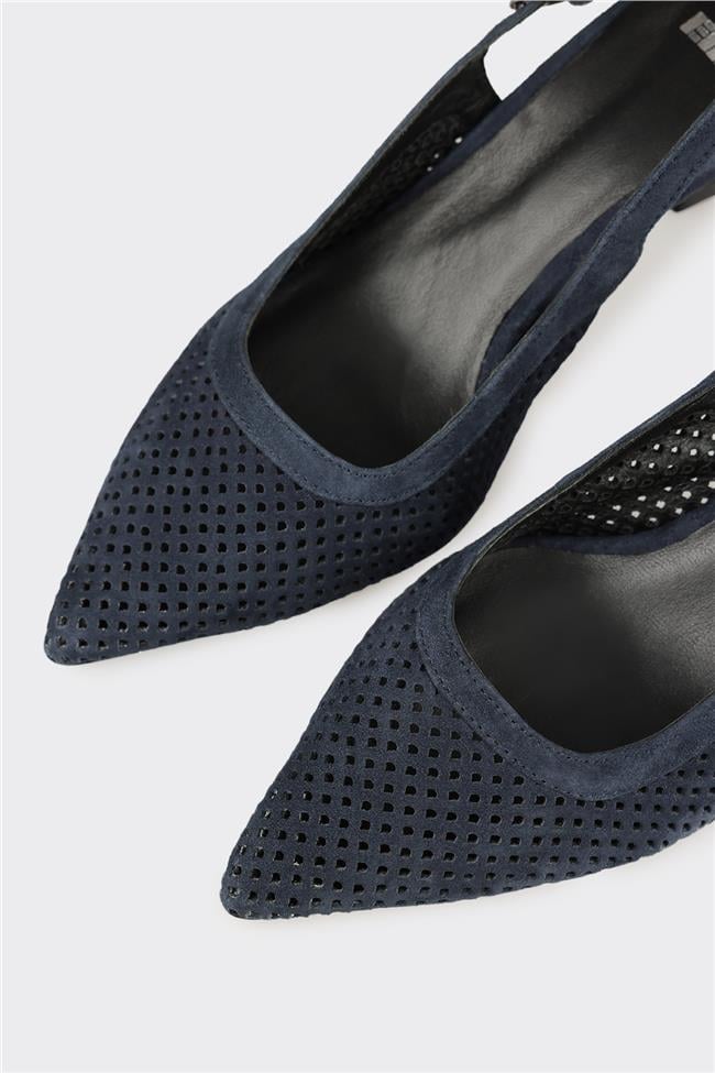 Lacivert Deri Kadın Topuklu Ayakkabı