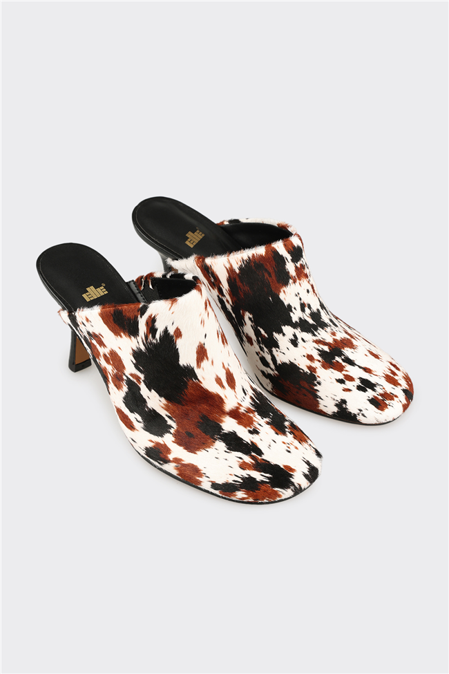 Multi Hayvan Desenli Deri Kadın Terlik