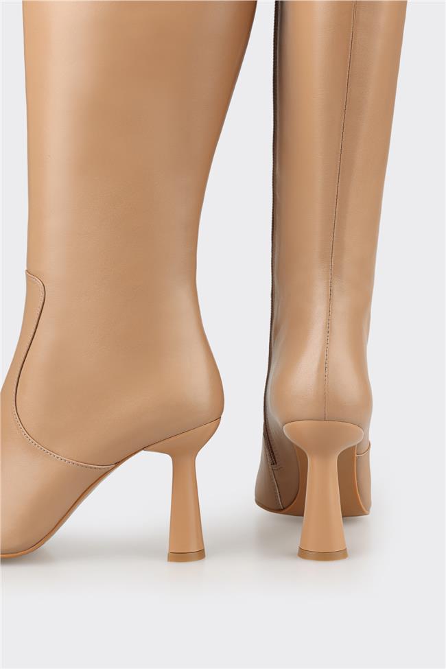 Naturel Deri Kadın Topuklu Çizme