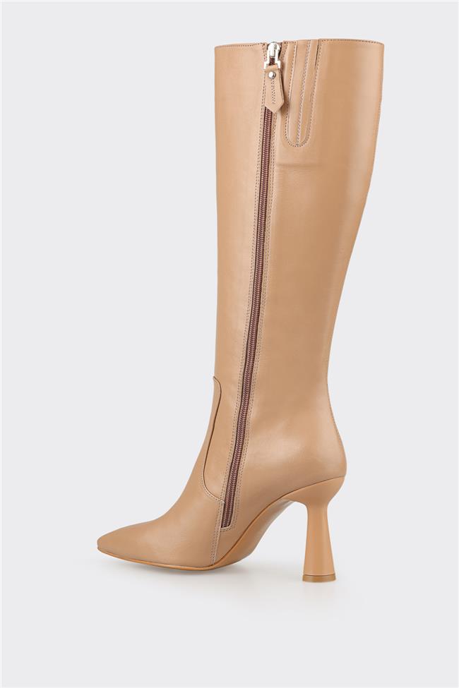 Naturel Deri Kadın Topuklu Çizme
