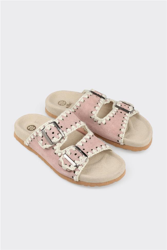 Pudra Deri Kadın Düz Terlik