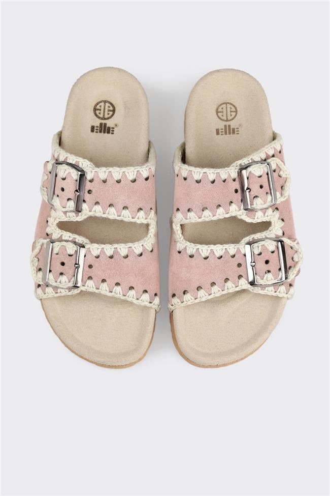 Pudra Deri Kadın Düz Terlik