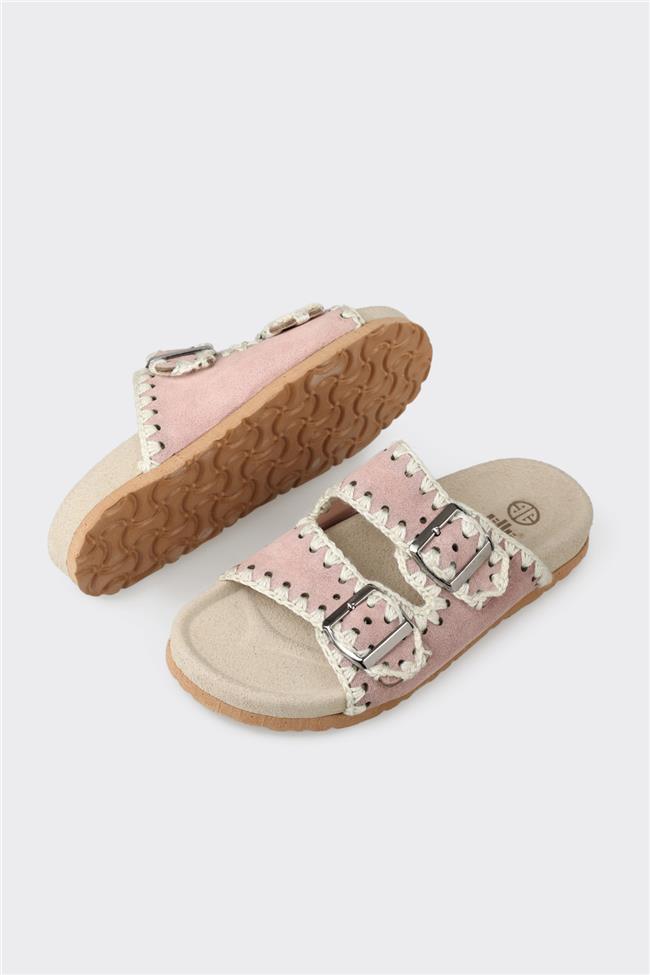 Pudra Deri Kadın Düz Terlik