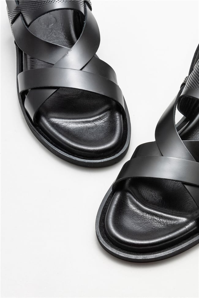 Siyah Deri Erkek Günlük Sandalet