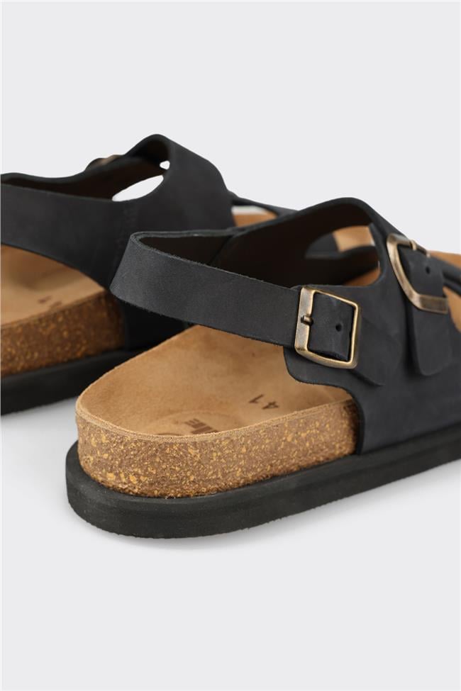 Siyah Deri Erkek Günlük Sandalet