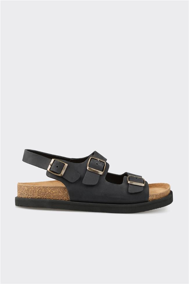 Siyah Deri Erkek Günlük Sandalet