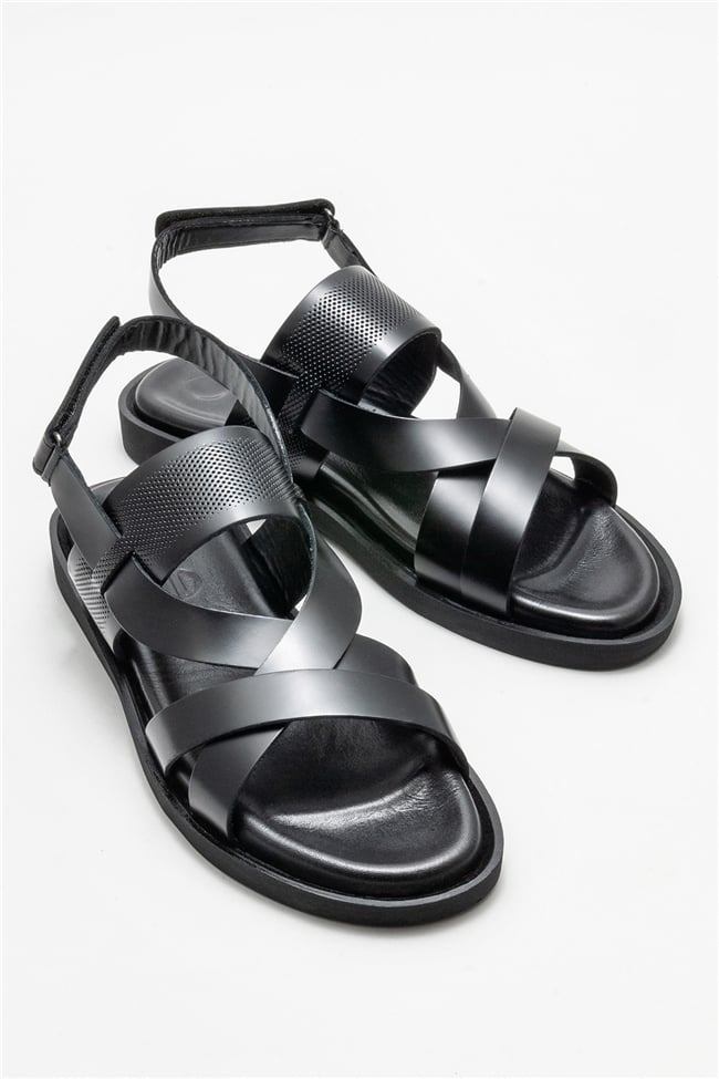 Siyah Deri Erkek Günlük Sandalet