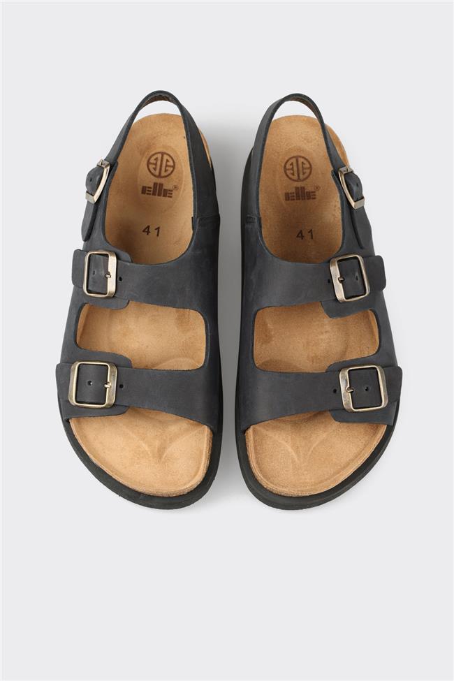 Siyah Deri Erkek Günlük Sandalet