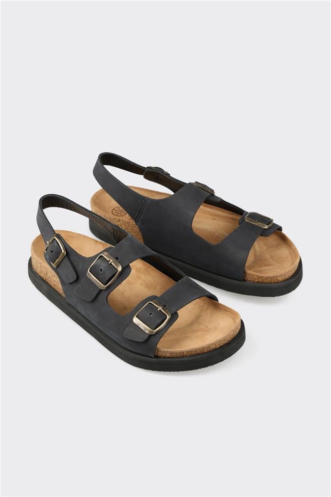 Siyah Deri Erkek Günlük Sandalet