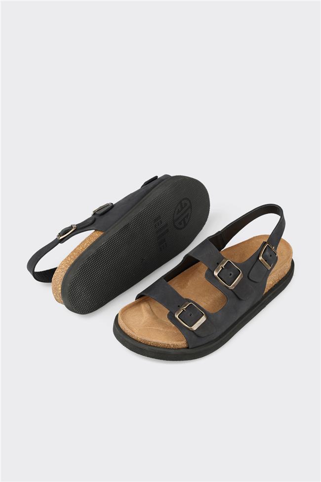 Siyah Deri Erkek Günlük Sandalet