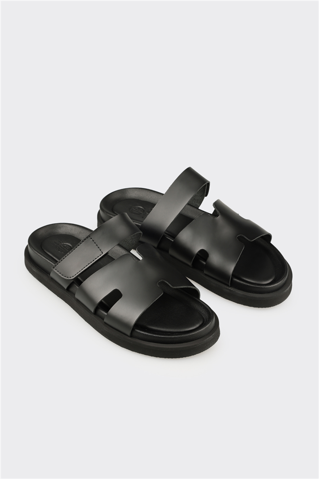 Siyah Deri Erkek Günlük Terlik