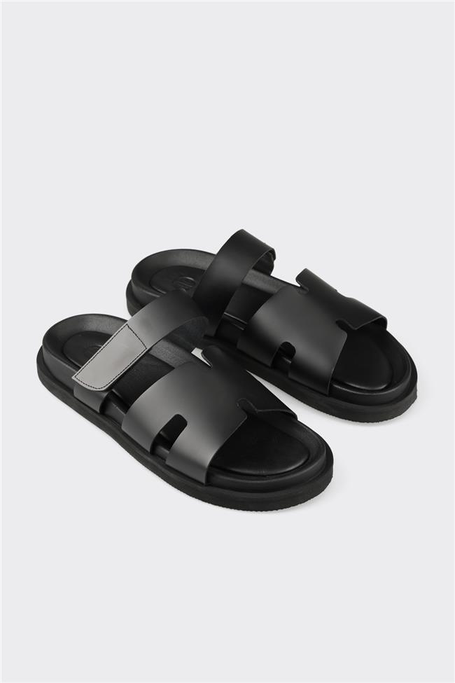 Siyah Deri Erkek Günlük Terlik